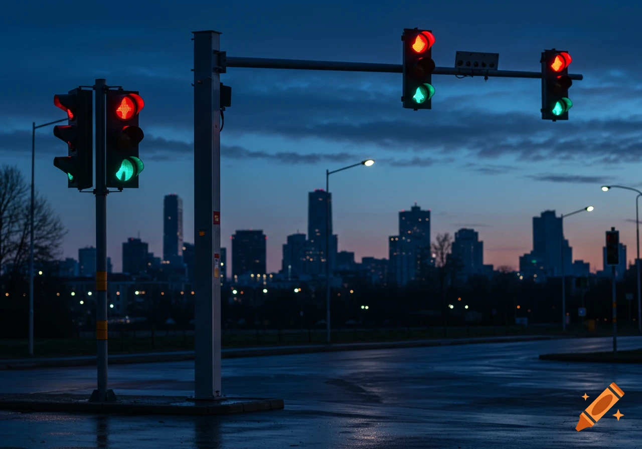 Photorealistic image of traffic lights on a wet city street at dusk, with a silhouetted city skyline in the background.