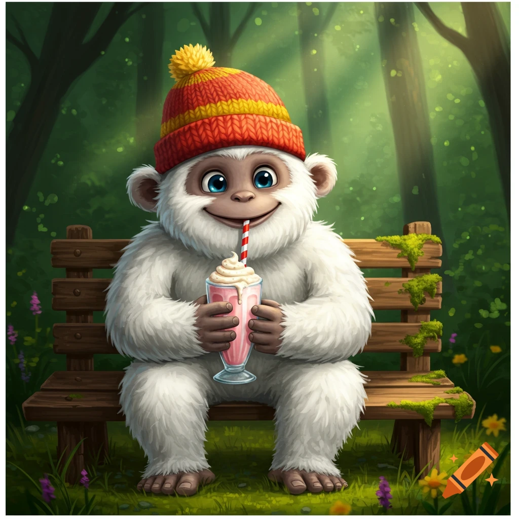 A cute, fluffy white Bigfoot in a beanie sits on a bench, smiling and drinking a pink milkshake in a forest.