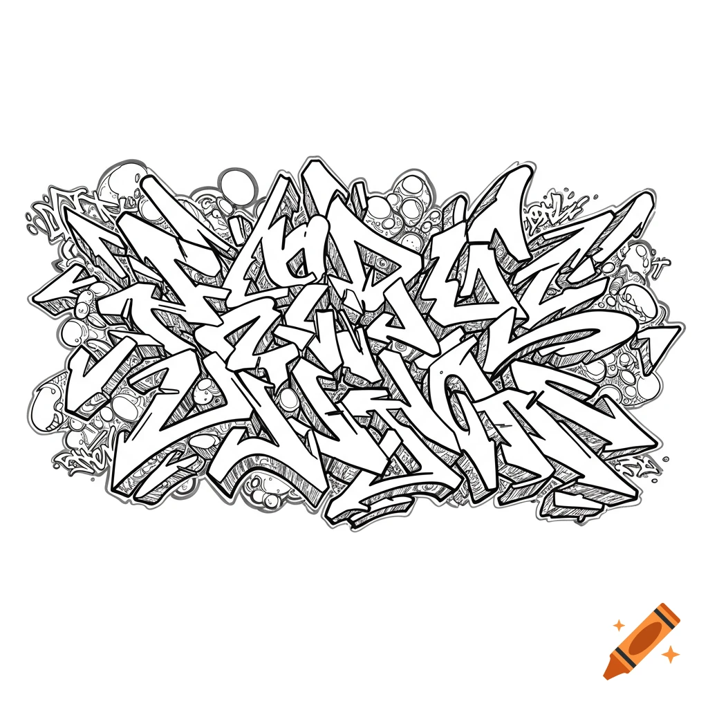 A complex, abstract black and white graffiti word art design, drawn with thick outlines and dynamic shapes.
