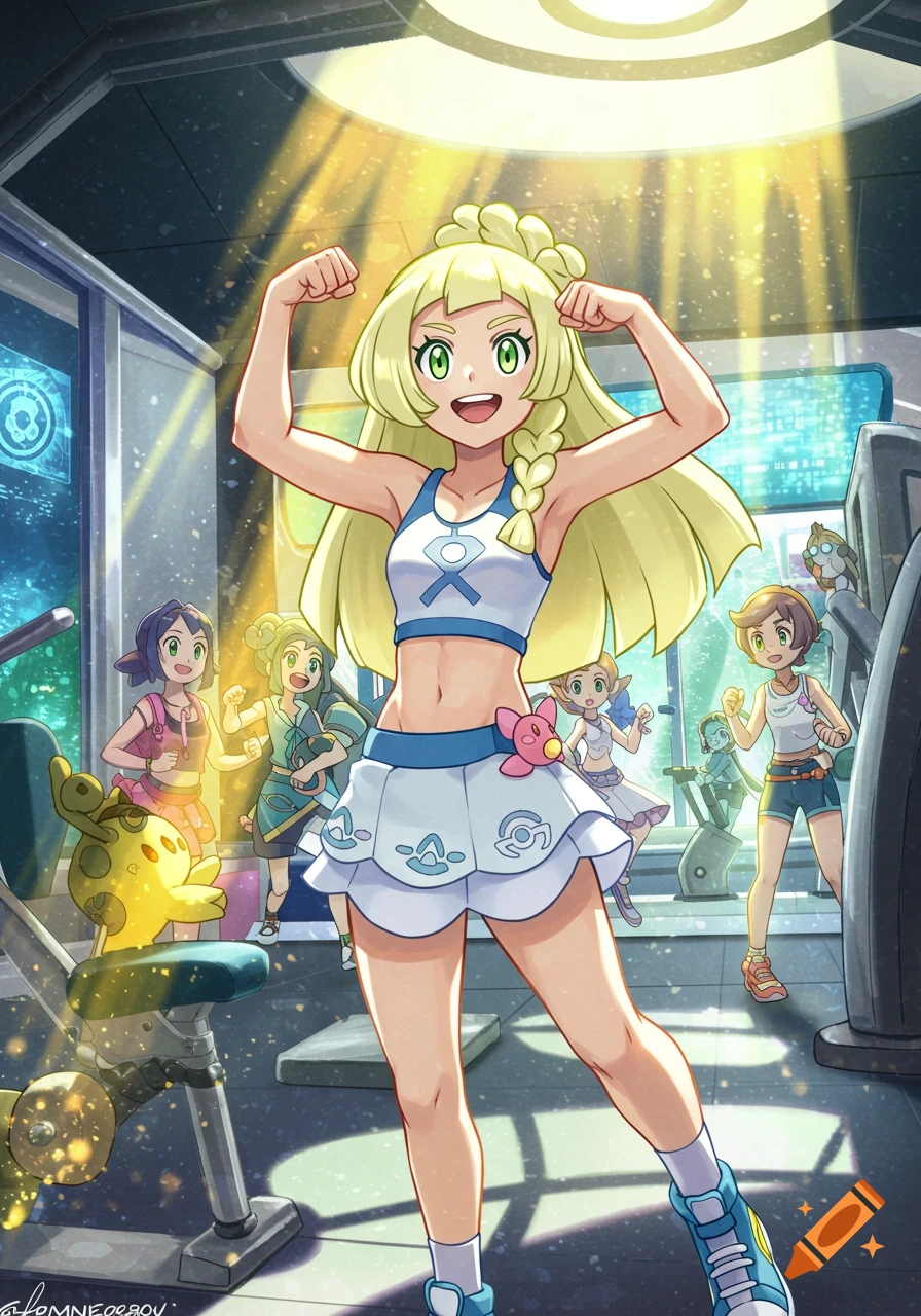 Anime character Lillie from Pok mon Sun and Moon flexes her muscles in a gym, with other trainers and Pok mon in the background.