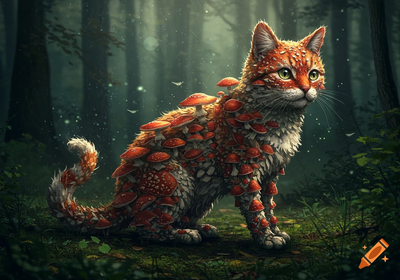 A majestic cat covered in red and white spotted mushrooms sits in a dark, enchanting forest with glowing particles.