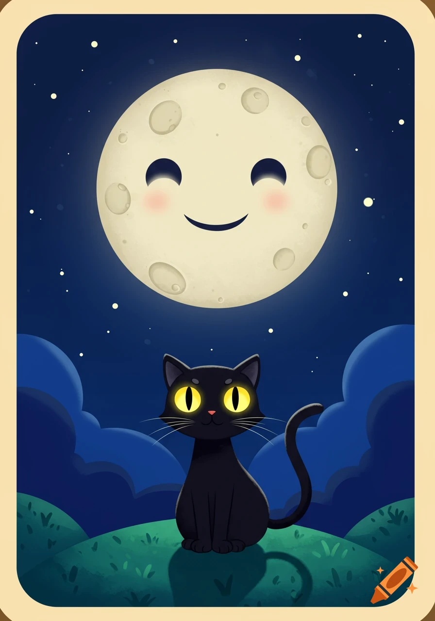 A child-friendly cartoon illustration of a black cat with glowing yellow eyes sitting under a smiling full moon at night.