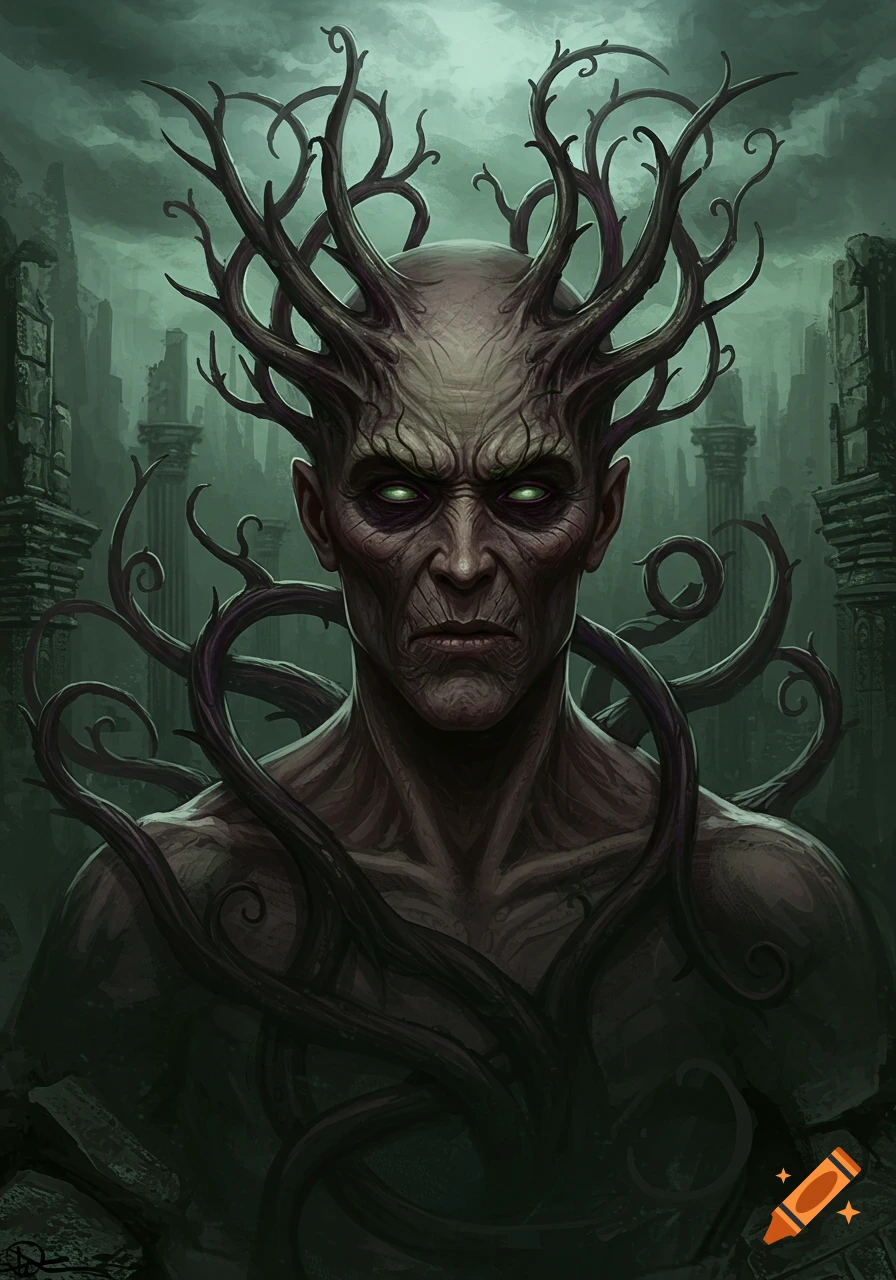 A dark fantasy portrait of a bald, gnarled man with glowing green eyes and thorny vines growing from his head and body, standing in ancient ruins.
