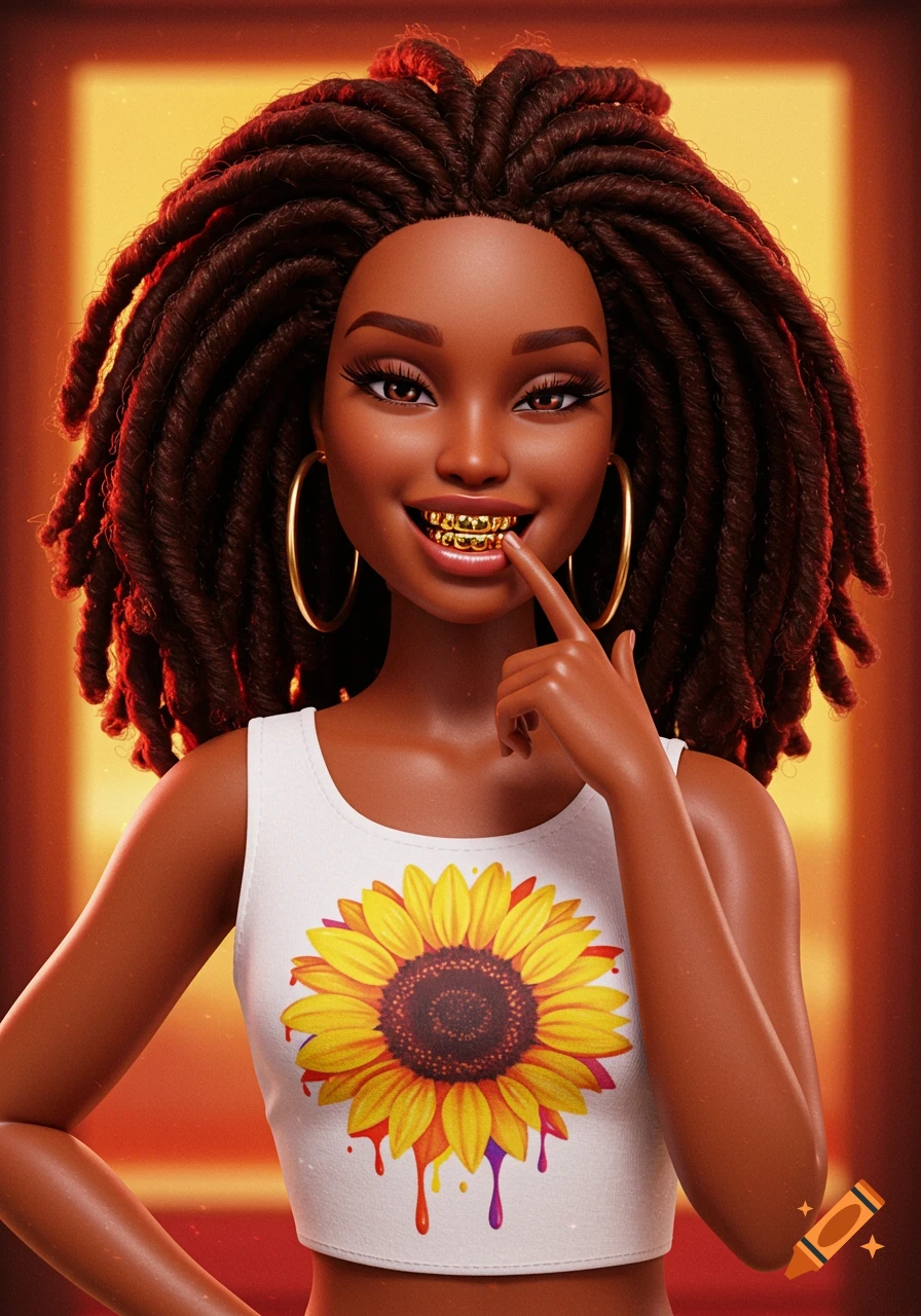 A stylized portrait of a brown-skinned doll with dreadlocks, wearing a white sunflower tank top, gold hoop earrings, and a gold grill, smiling with a finger to her lip.