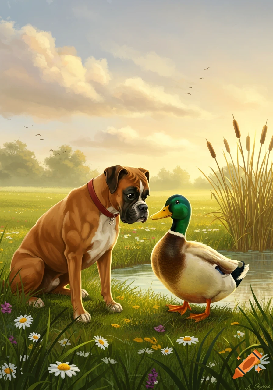 An illustration of a boxer dog and a mallard duck looking at each other by a stream in a sunny, grassy field.