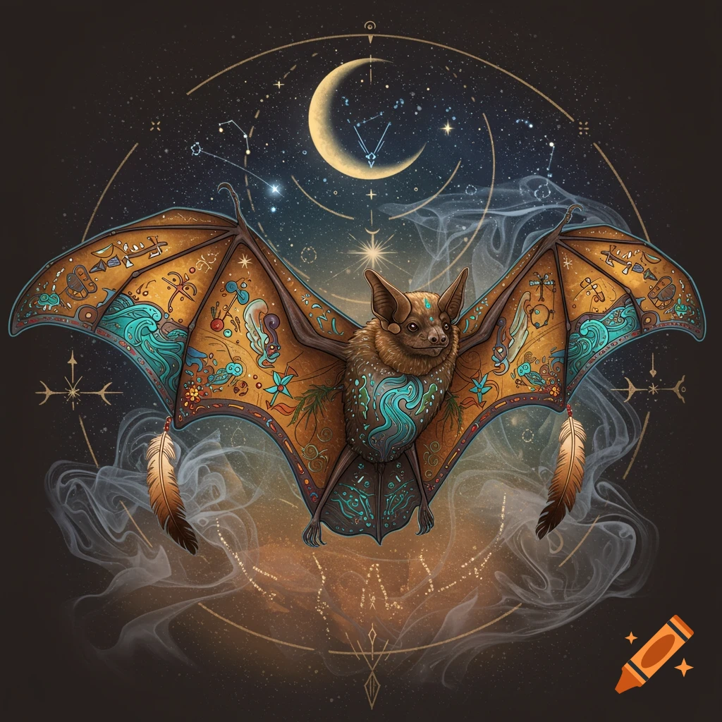Stylized bat with intricate teal and gold patterns on its wings and body, set against a dark starry sky with a crescent moon and celestial designs.