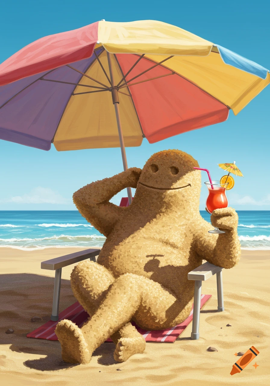 A smiling sand creature relaxes in a beach chair under a colorful umbrella, holding a cocktail, on a sunny beach.