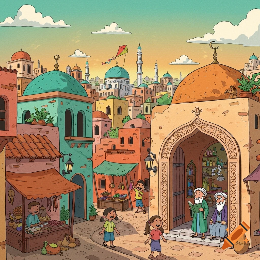 Vibrant cartoon illustration of a bustling Middle Eastern town with market stalls, domed buildings, and people.