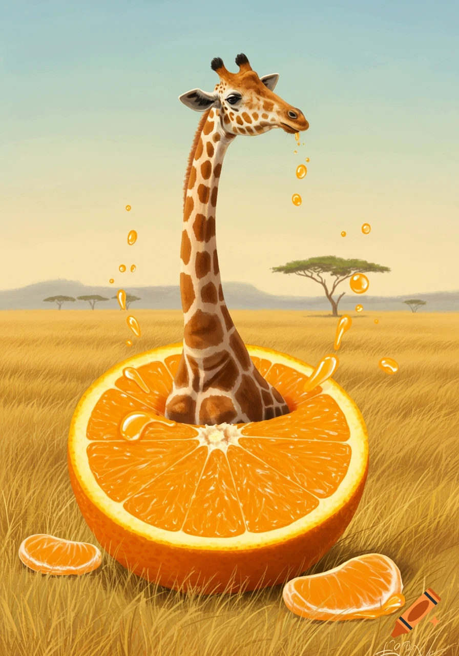 A whimsical illustration of a giraffe with its body in a giant cut orange, standing in a savanna landscape.
