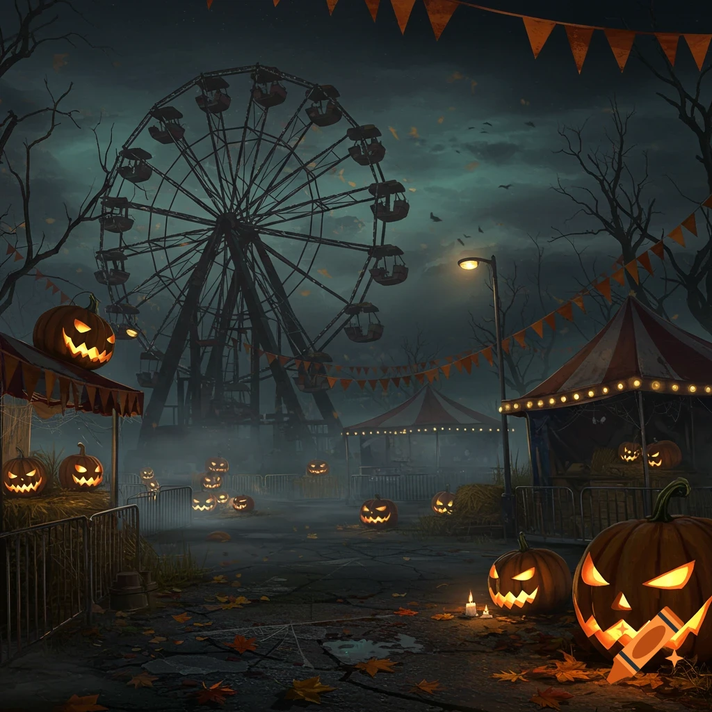 A dark, spooky Halloween carnival at night with an abandoned Ferris wheel, tents, and many glowing jack-o'-lanterns.