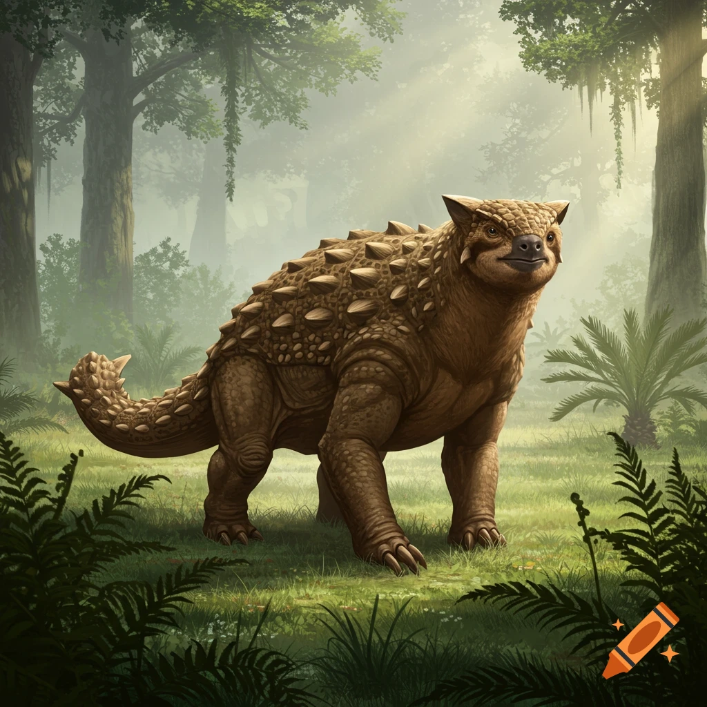 A brown Ankylosaurus and ground sloth hybrid with textured armor stands in a misty, lush forest, bathed in sunlight.