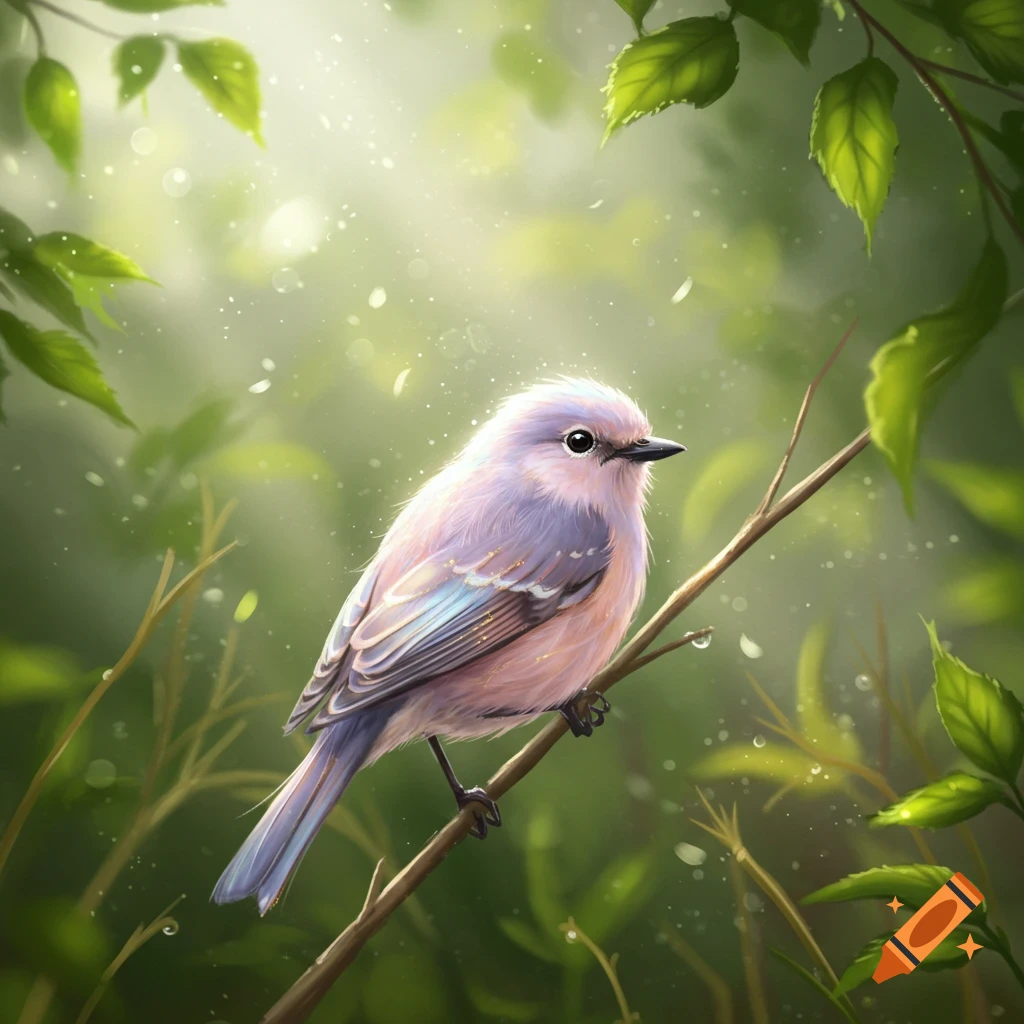 A fluffy bird with light purple and blue feathers perches on a branch amidst sparkling green foliage in a dreamy, illustrative style.
