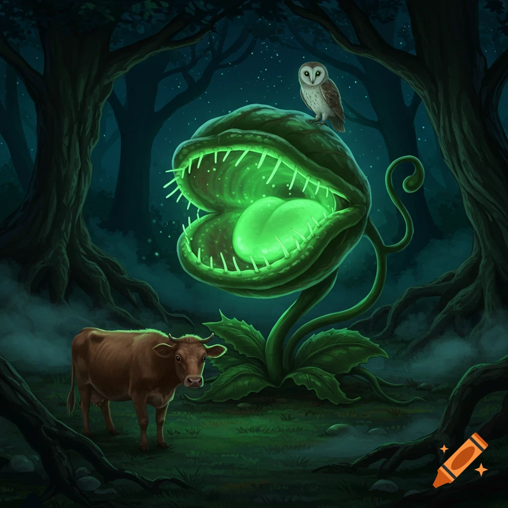 A large, glowing green monster venus flytrap hypnotizes a brown cow and a barn owl in a dark, misty forest illustration.