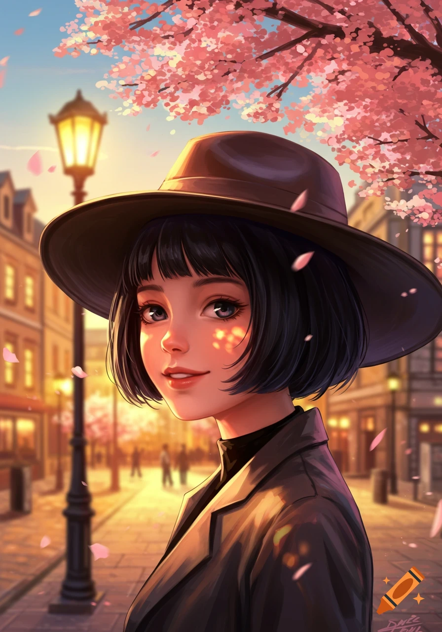 An anime girl with short black hair and a hat smiles on a cherry blossom-lined city street at sunset.