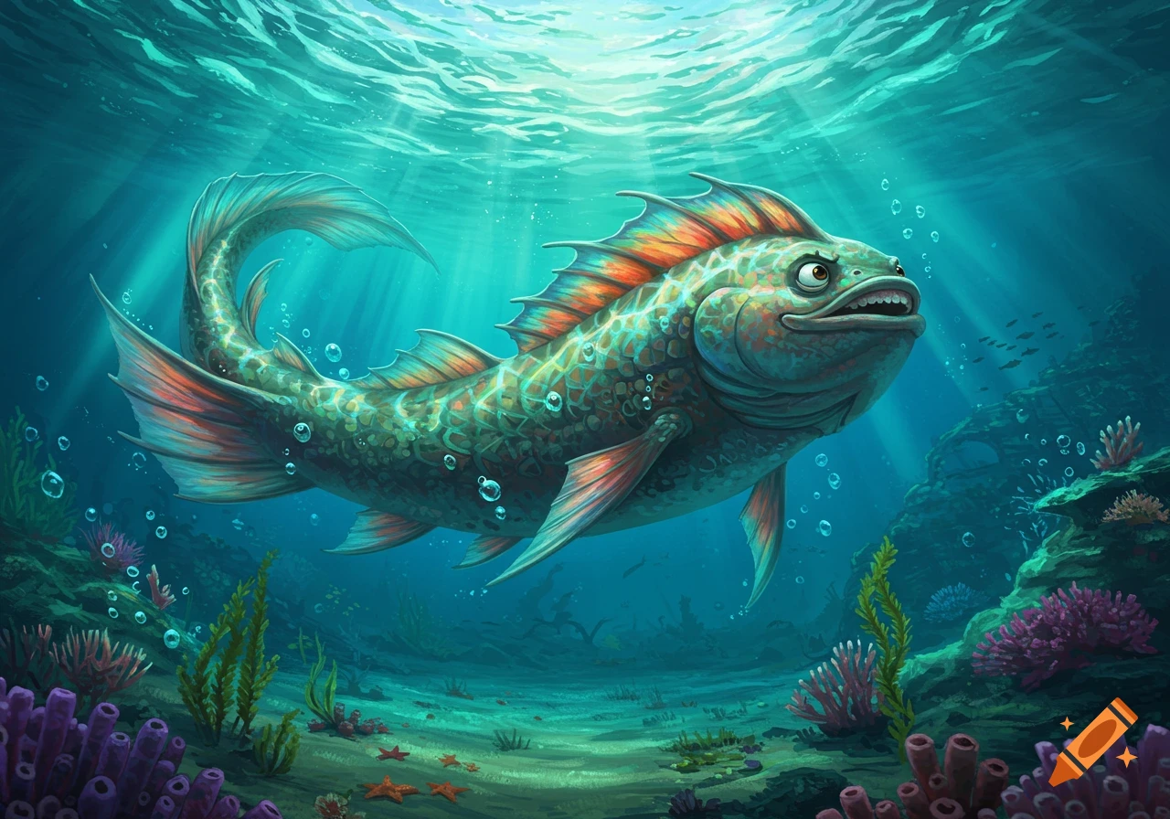 A cartoonish green fish with orange fins and a grumpy expression swims underwater amidst colorful coral and bubbles.