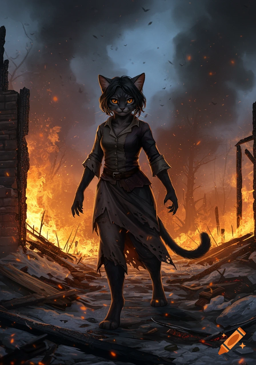 A dark cat person sorcerer stands in a fiery, burned-out farmhouse. Dark fantasy style.