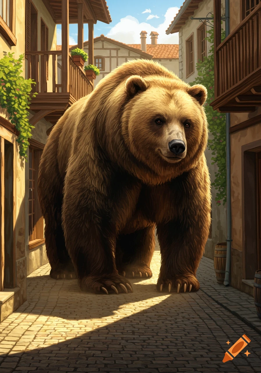 A giant brown bear stands on a cobblestone street in a charming, sunny European town, looking forward.