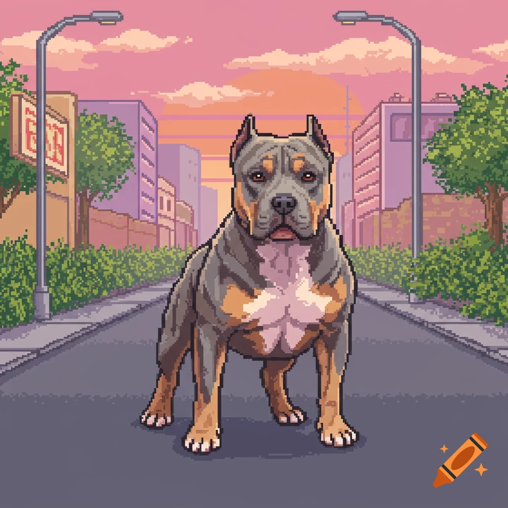 A pixel art depiction of a muscular pit bull dog standing in the middle of a city street at sunset.