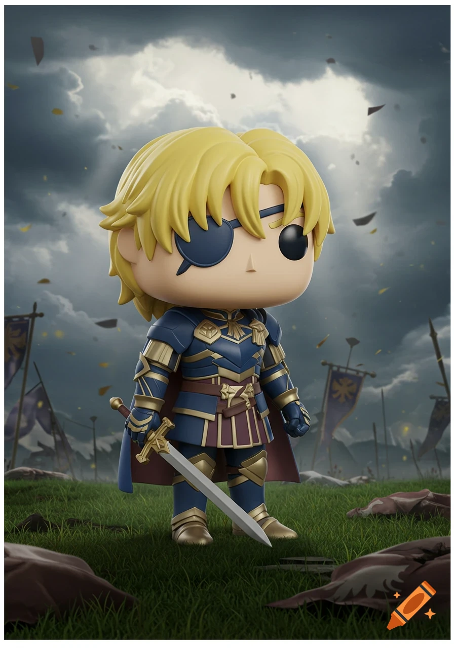 A Funko Pop of Dimitri from Fire Emblem in blue and gold armor, holding a sword, with an eyepatch, standing in a grassy battlefield under a cloudy sky.