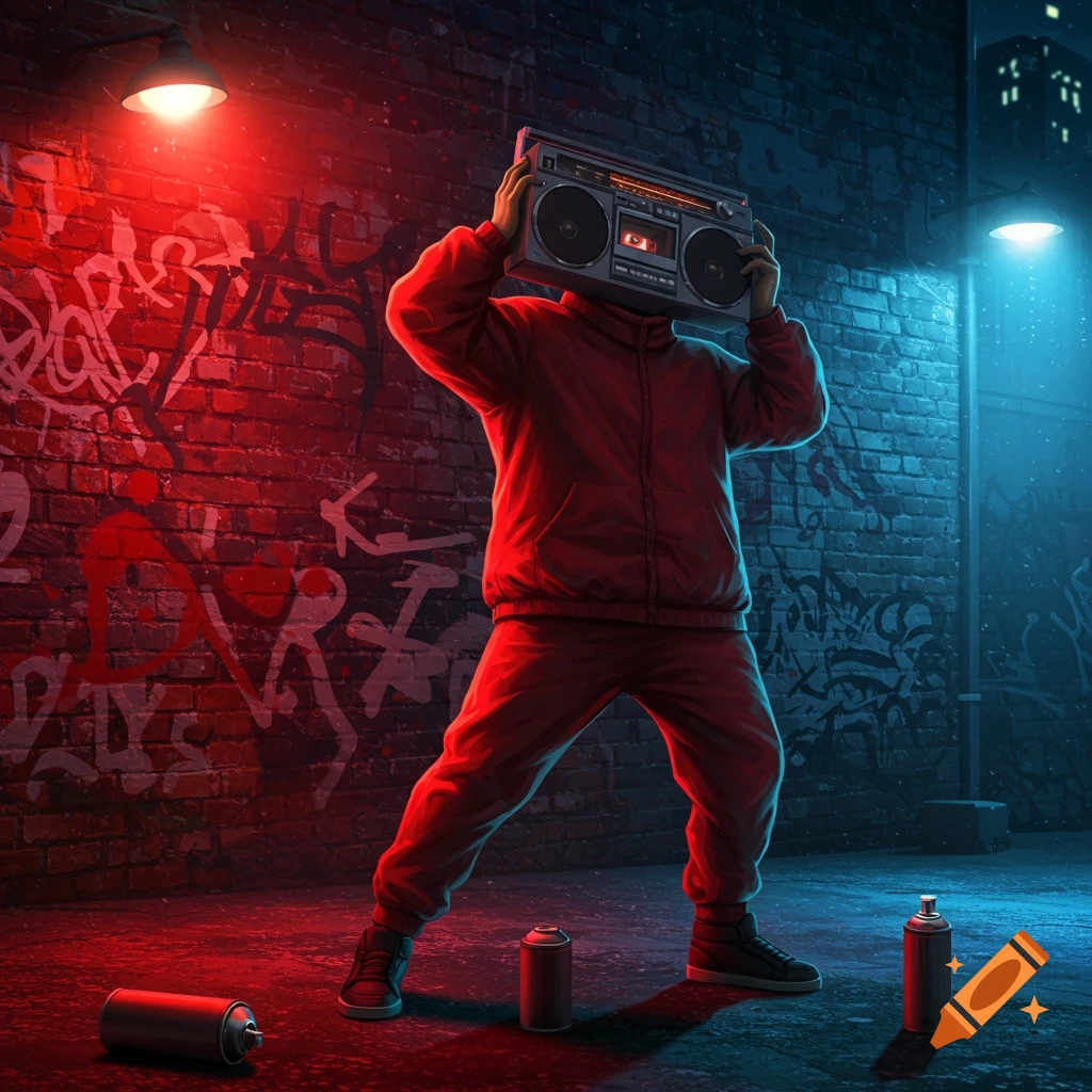A person in a red tracksuit holds a boombox as their head in a graffiti-covered alley, illuminated by red and blue lights. Spray cans are on the ground.