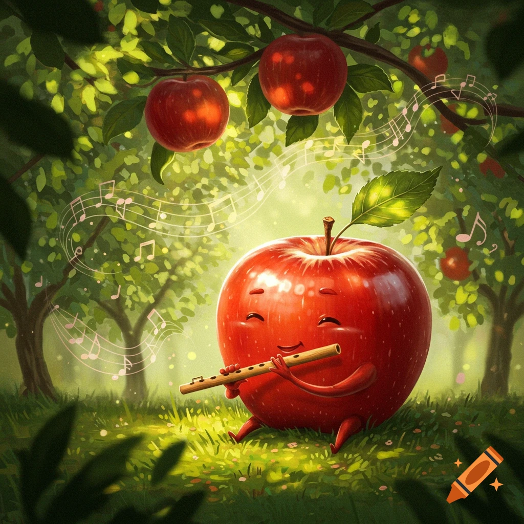 A whimsical illustration of a happy red apple playing a wooden flute while sitting in a sunny apple orchard with musical notes.