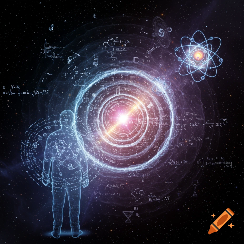 A glowing blue outline of a human figure stands in space surrounded by a bright wormhole, atoms, and scattered scientific formulas.