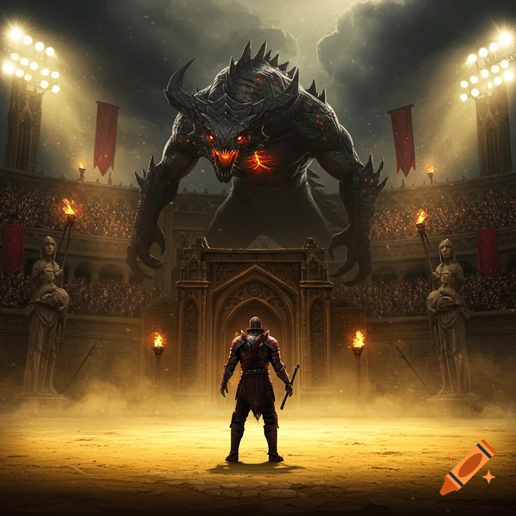 A knight in armor stands in a vast arena, facing a giant horned monster with glowing eyes, under stadium lights.