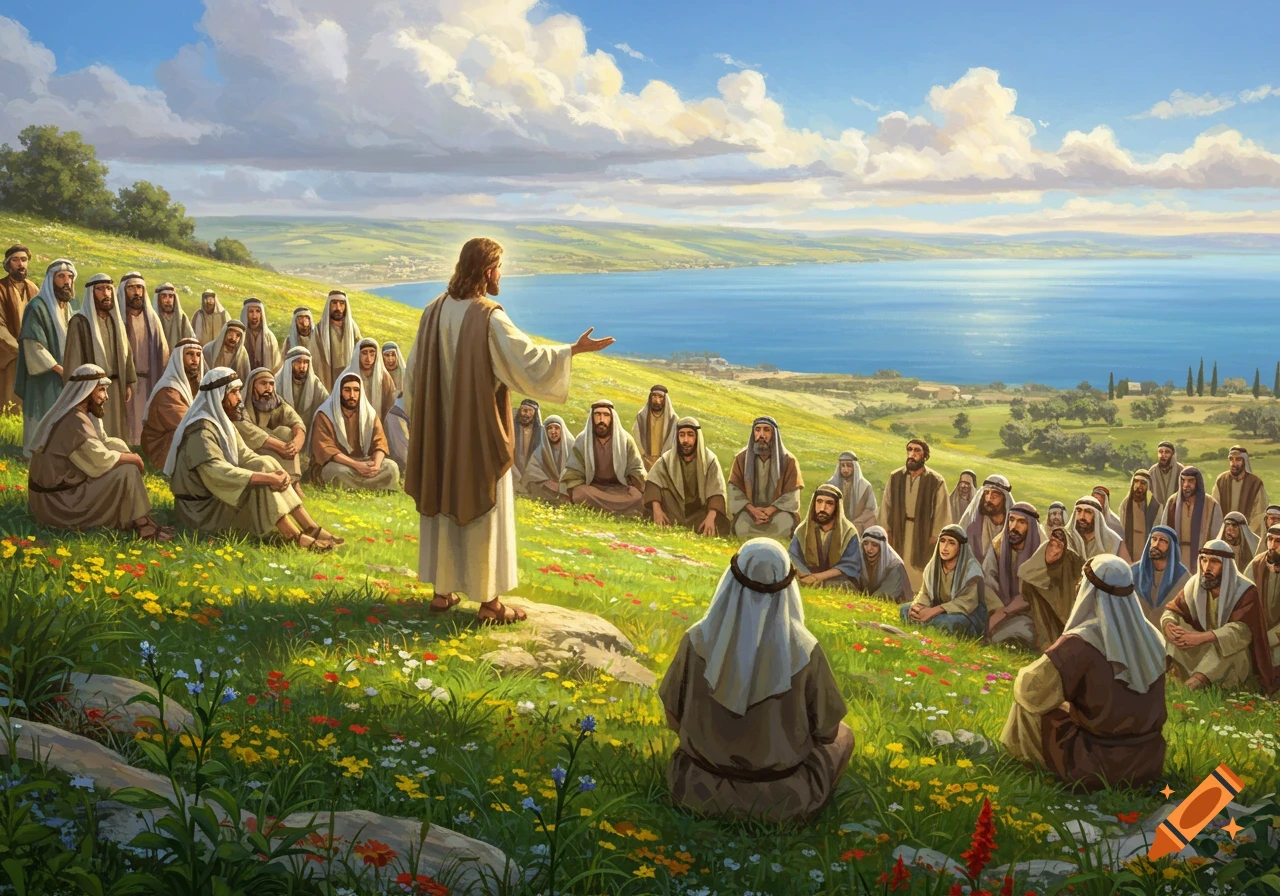Illustrated painting of Jesus delivering a sermon on a green hillside to a large crowd, overlooking the Sea of Galilee.