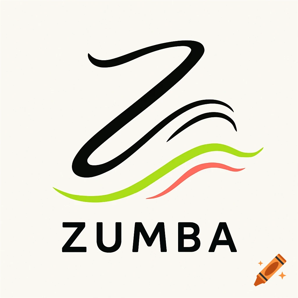 A minimalistic Zumba logo with a stylized Z, green and red waves, and the word ZUMBA.