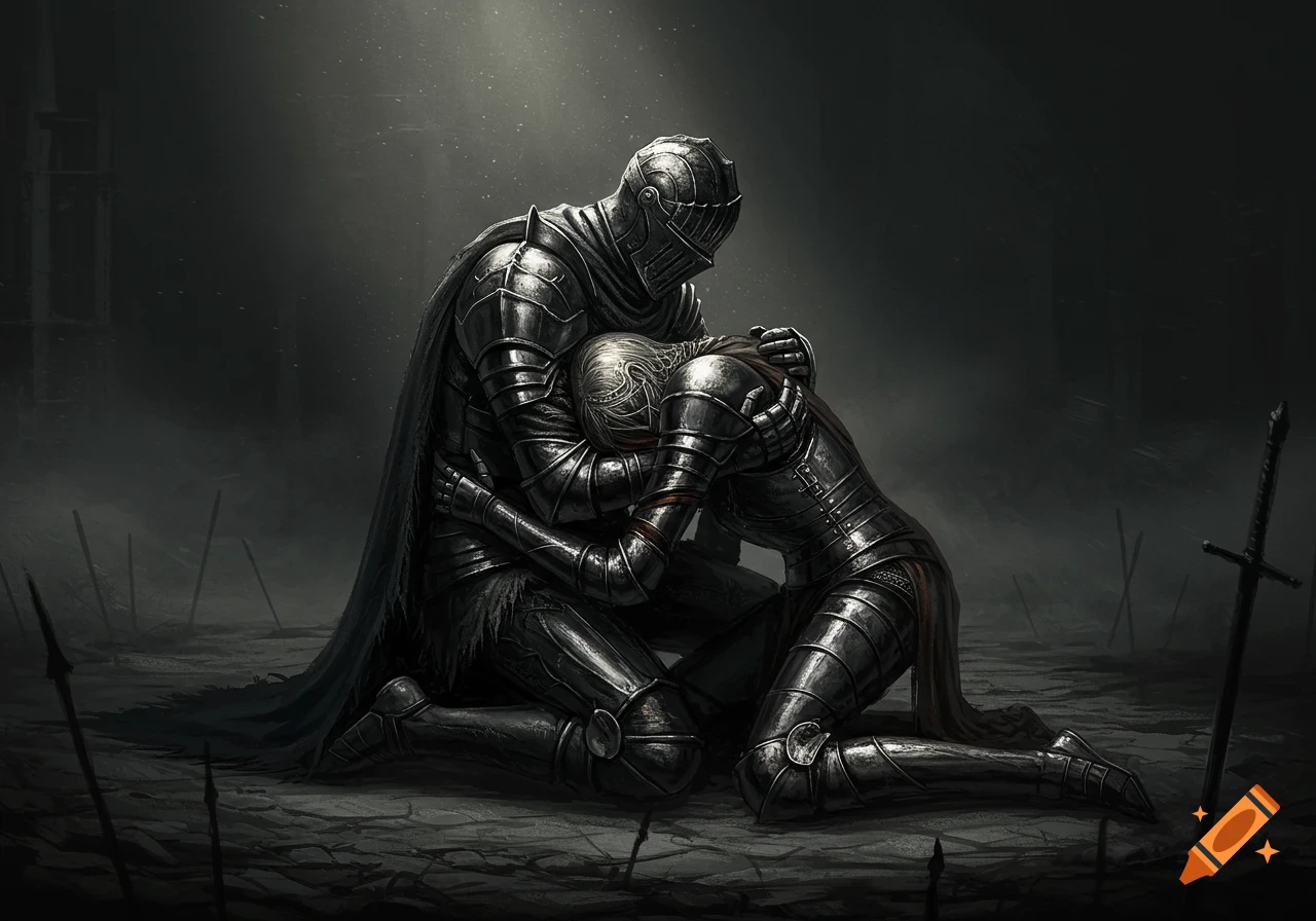 A dark fantasy image of one armored knight kneeling, cradling another injured knight in a desolate, somber setting.