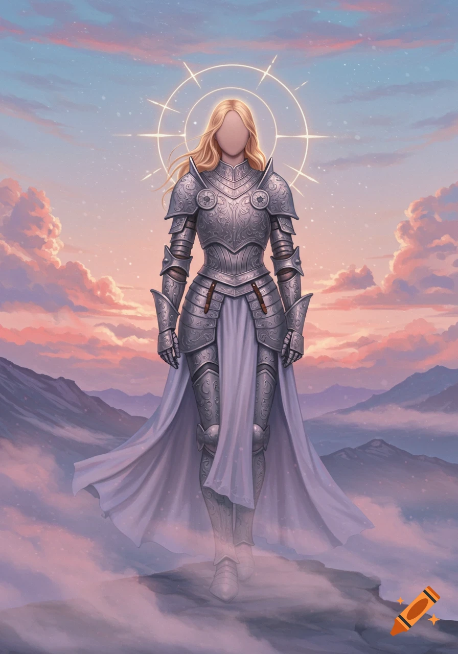 Blonde female knight in ornate silver armor, white robes, featureless face, and halo on a mountain peak against a pink and blue sunset sky.