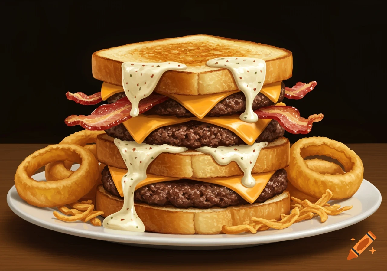 A towering burger made with grilled cheese sandwiches, beef patties, bacon, cheese, and creamy sauce, served with onion rings and fries.