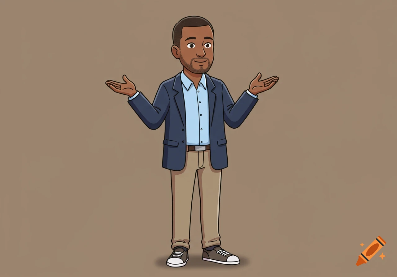 Cartoon man with dark skin, wearing a blue blazer, light blue shirt, and khaki pants, shrugging with both hands open on a plain background.