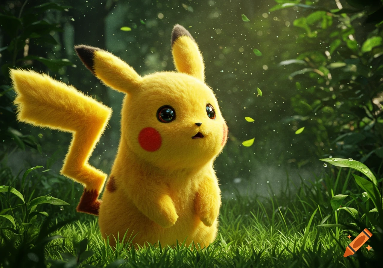 Fluffy Pikachu with large eyes looks up in a sun-dappled, lush green forest with falling leaves.