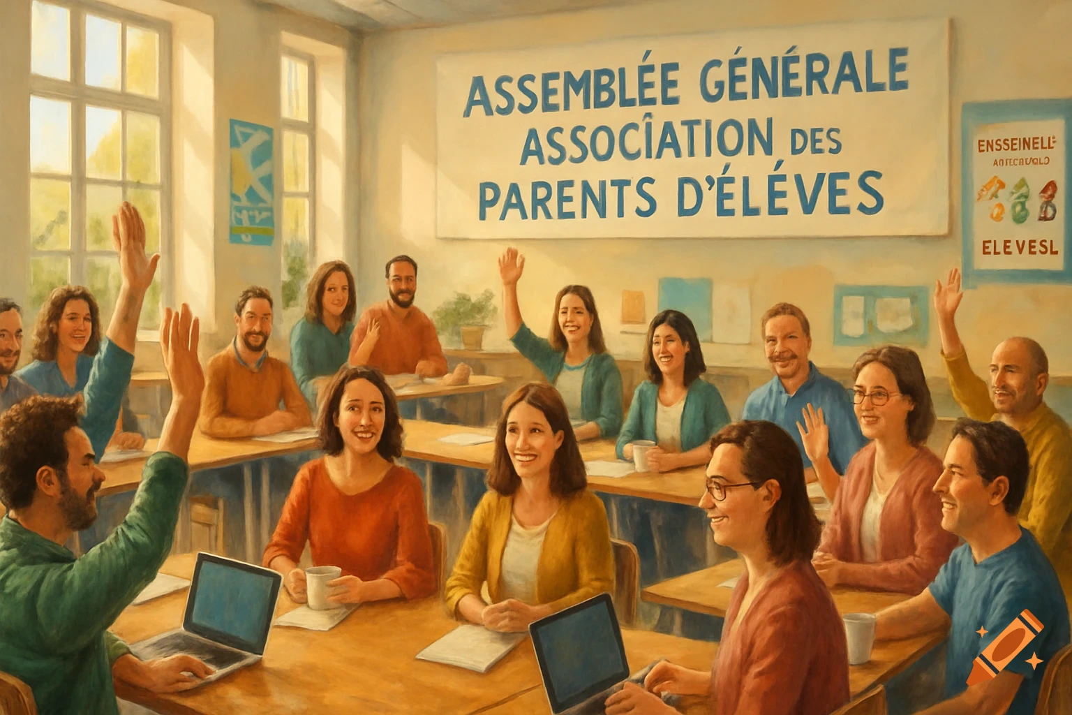 A lively, brightly lit parent-teacher meeting with diverse adults smiling, raising hands, and engaging. A banner says "Assemblée Générale Association des Parents d Élèves".