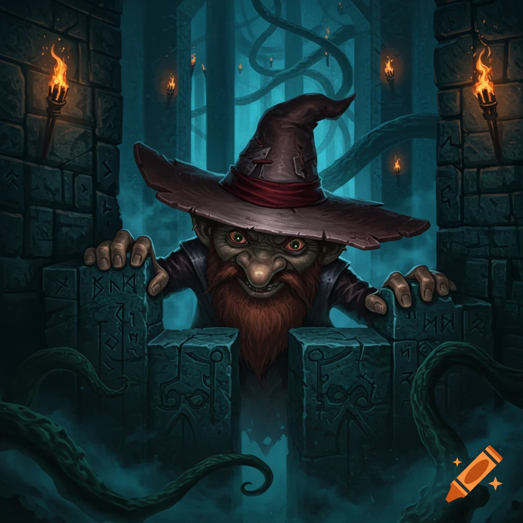 A menacing, red-bearded gnome with green eyes and a wizard hat peeks over rune-carved stone blocks in a dark, eerie labyrinth lit by torches.