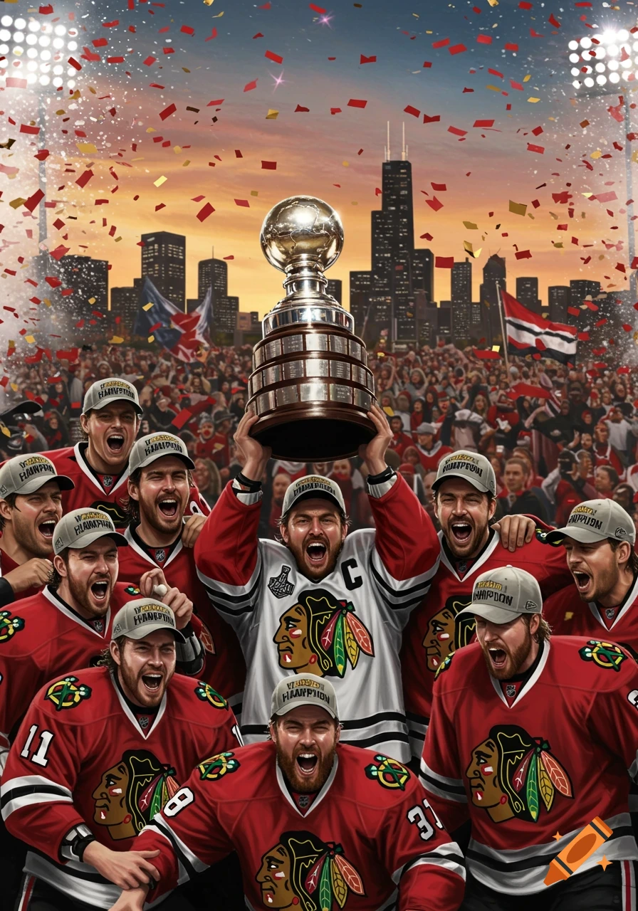 Hockey players in red and white jerseys celebrating with a trophy amidst falling confetti, with a city skyline at sunset in the background.