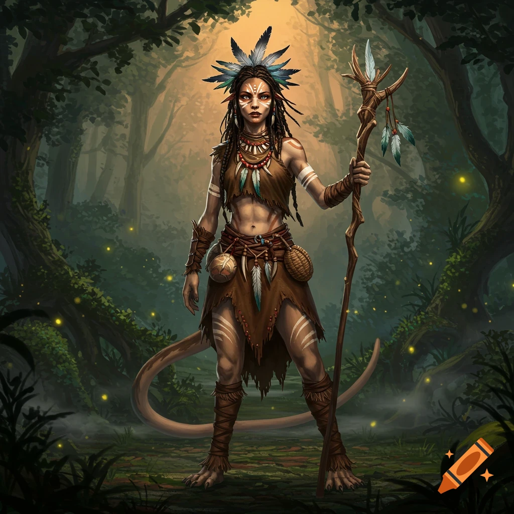 A tribal fantasy woman with feathers, dreadlocks, body paint, and a tail, holding a staff in a glowing forest.