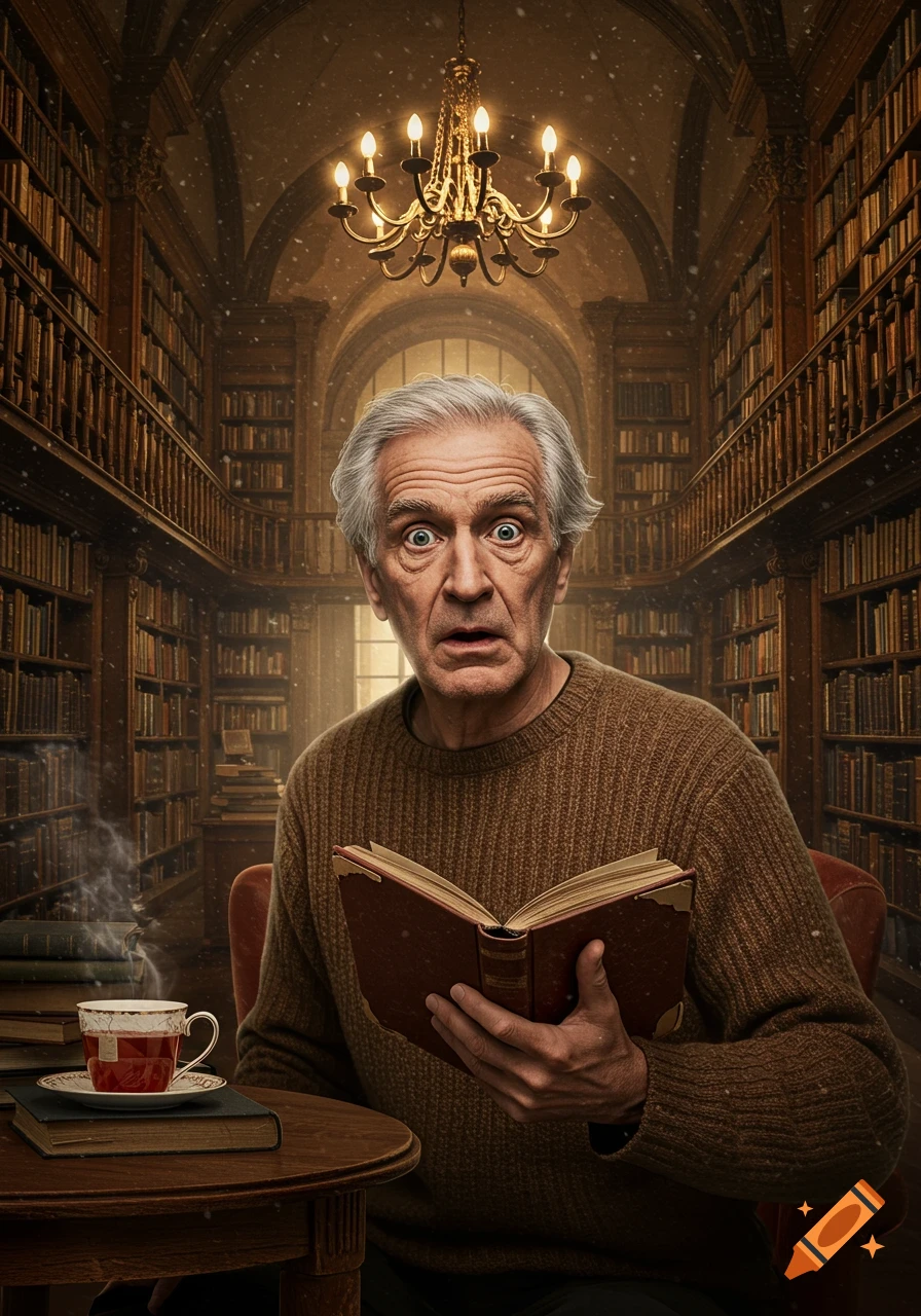 A startled older man with gray hair holds an open book in a grand, dimly lit library with tall bookshelves.