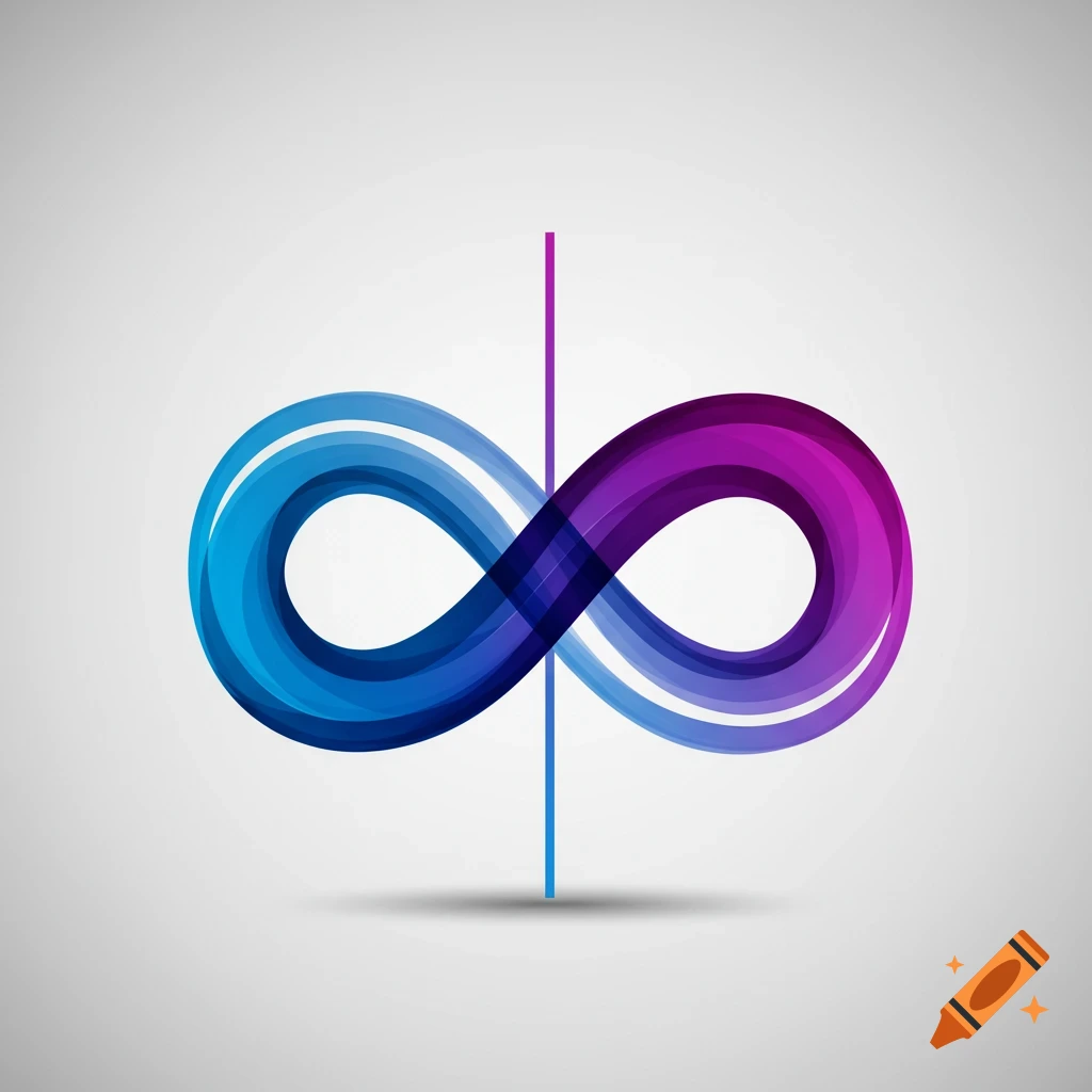 A blue and purple gradient infinity symbol intersected by a vertical line on a light gray background.