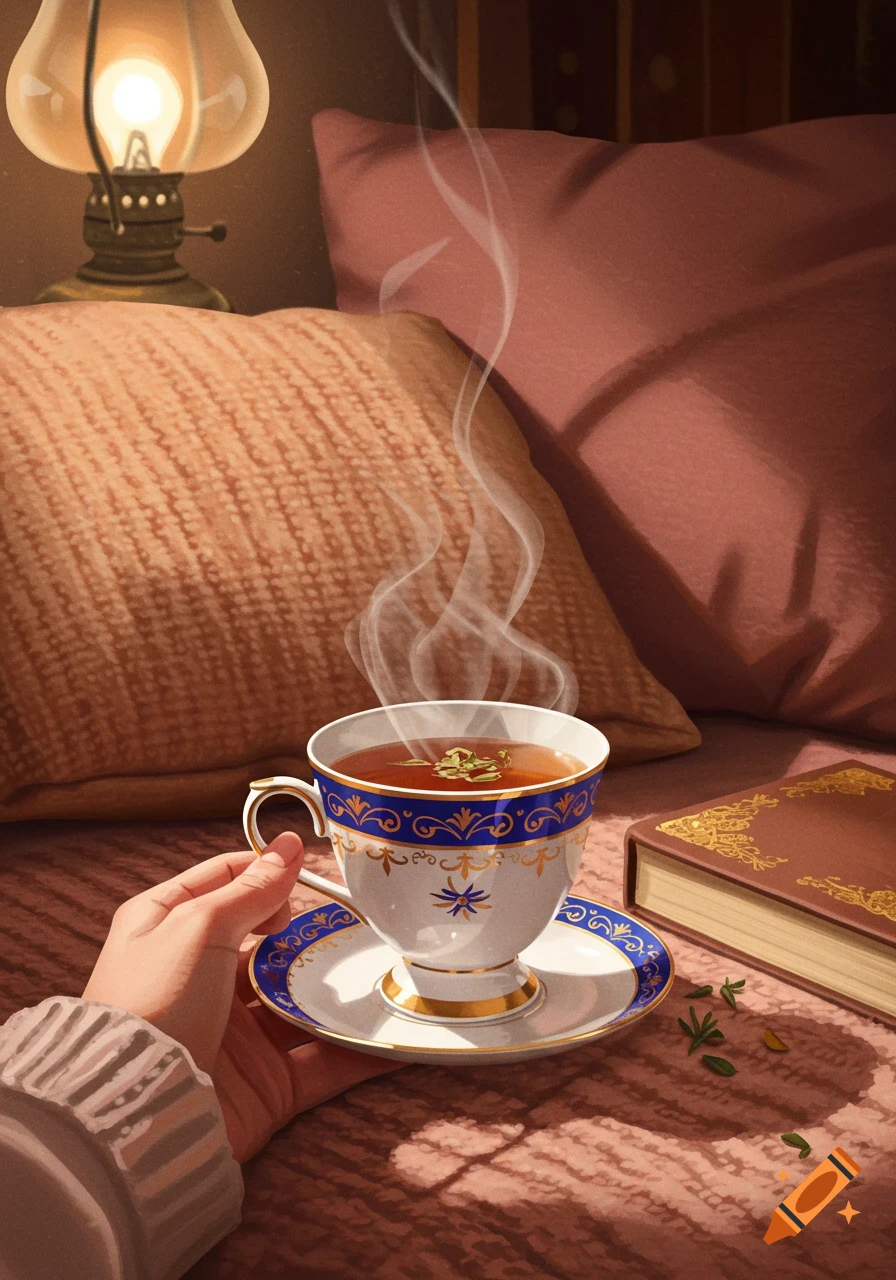 A painted hand holds a steaming blue and white teacup on a blanket next to a book and a lit antique lamp.