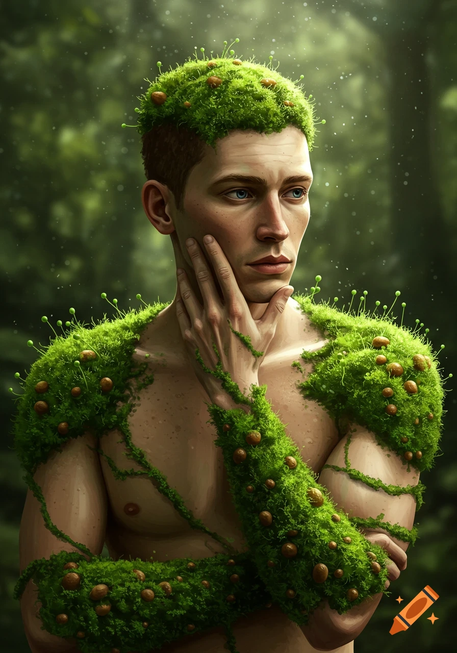 A realistic portrait of a man with green moss and small fungi growing on his head, shoulders, and arms, looking thoughtfully in a forest.
