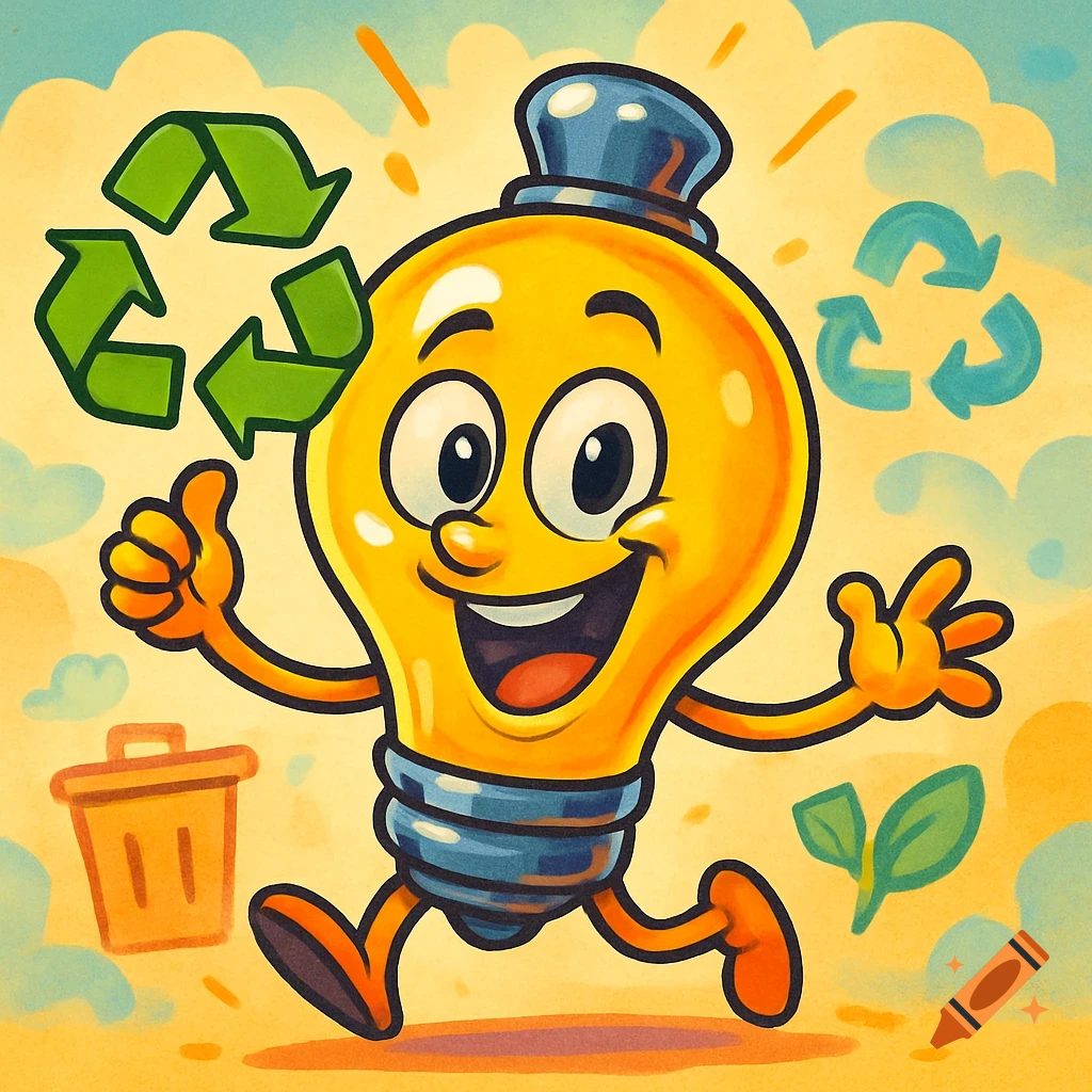 Cheerful cartoon lightbulb mascot with a top hat, giving a thumbs up, with recycling symbols and a trash can, in an illustrative style.