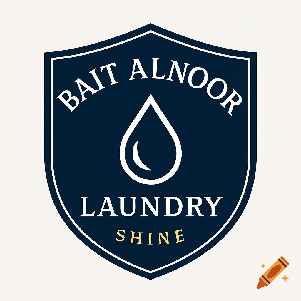 A professional navy blue shield logo for Bait Alnoor Laundry with a white water droplet icon and gold text 'SHINE'.