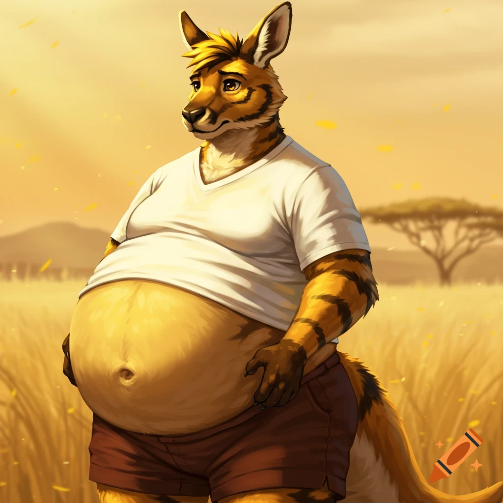 A smiling, obese anthropomorphic kangaroo with yellow and black striped fur wears a white shirt and brown shorts, standing in a golden field.