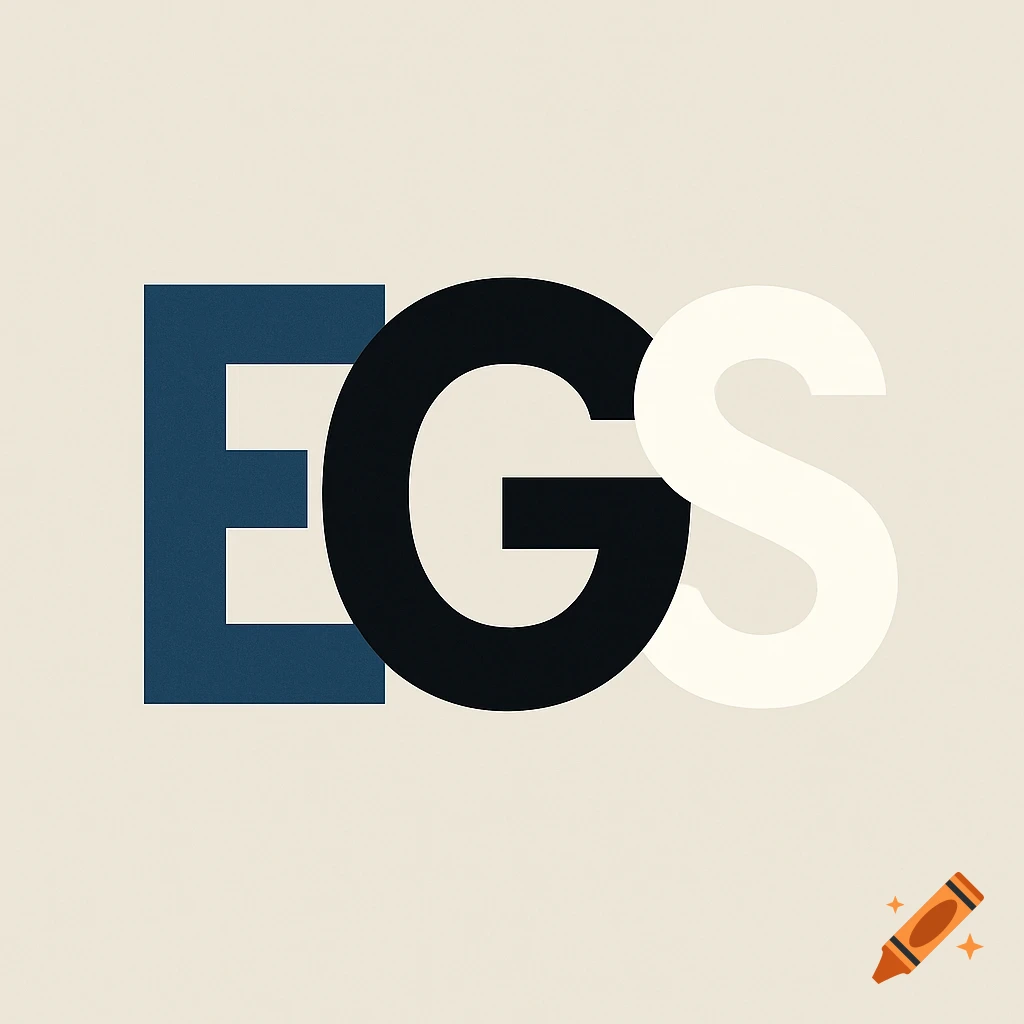 A minimalist logo featuring a blue letter E, a black letter G, and a white letter S, overlapping on a beige background.