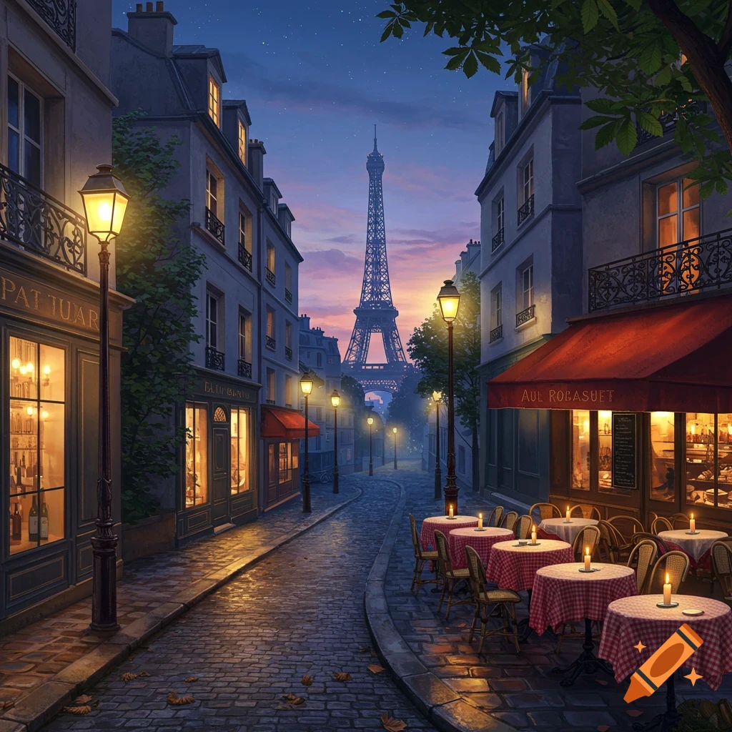 A charming, stylized cobblestone street in Paris at dusk, with glowing streetlights, cafe tables, and the Eiffel Tower in the distance.