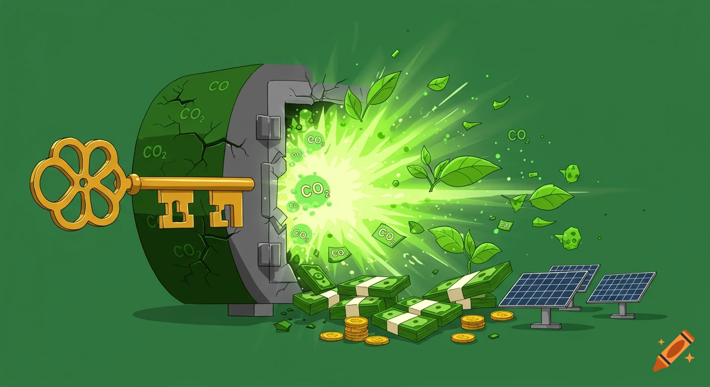 A golden key unlocks a green vault emitting glowing green light, leaves, money, and solar panels. The vault has 'CO2' symbols and cracks.