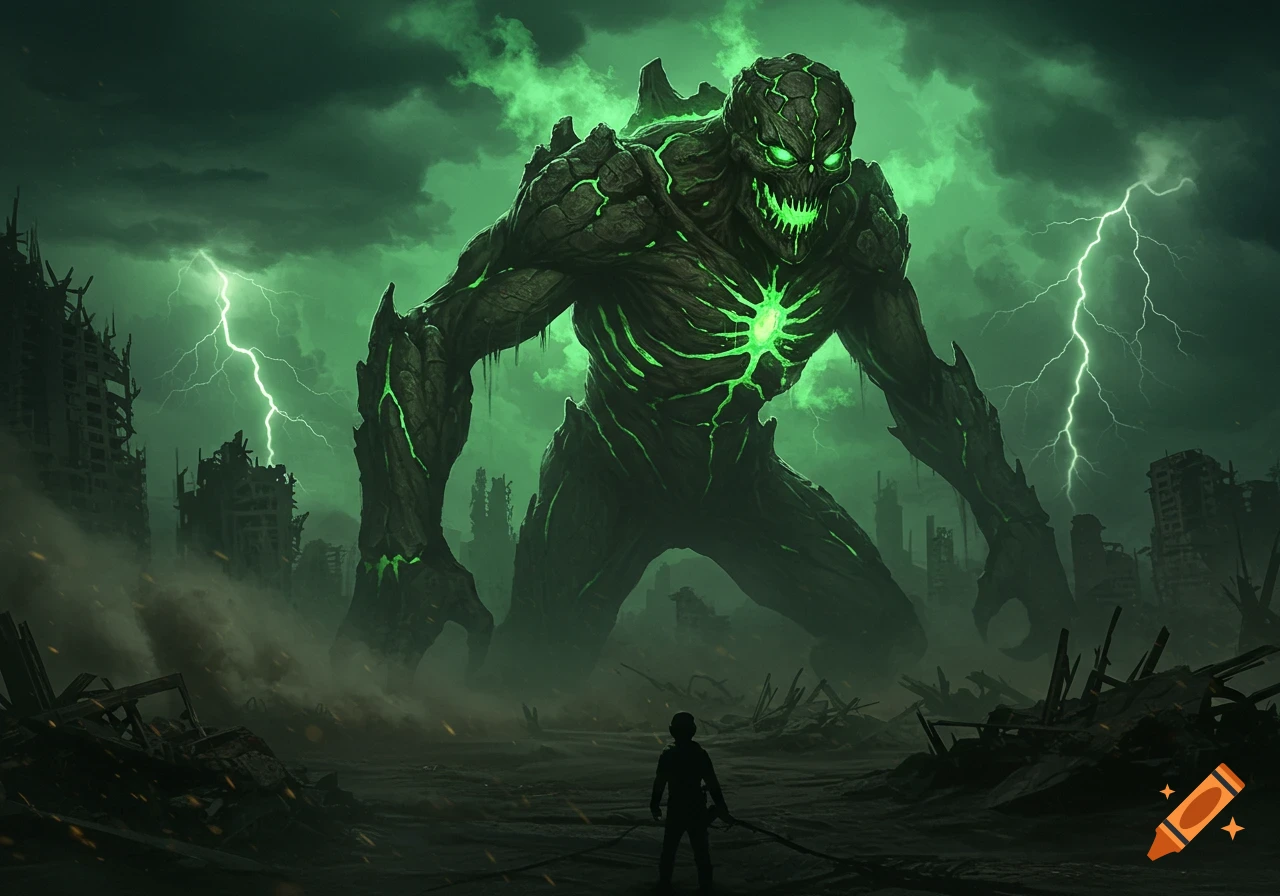A colossal, glowing green radioactive monster stands over a lone human in a ruined, stormy city with lightning.