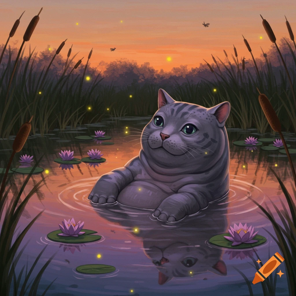 An illustrated plump gray tabby cat sits in a pond with lily pads and fireflies at a vibrant sunset.